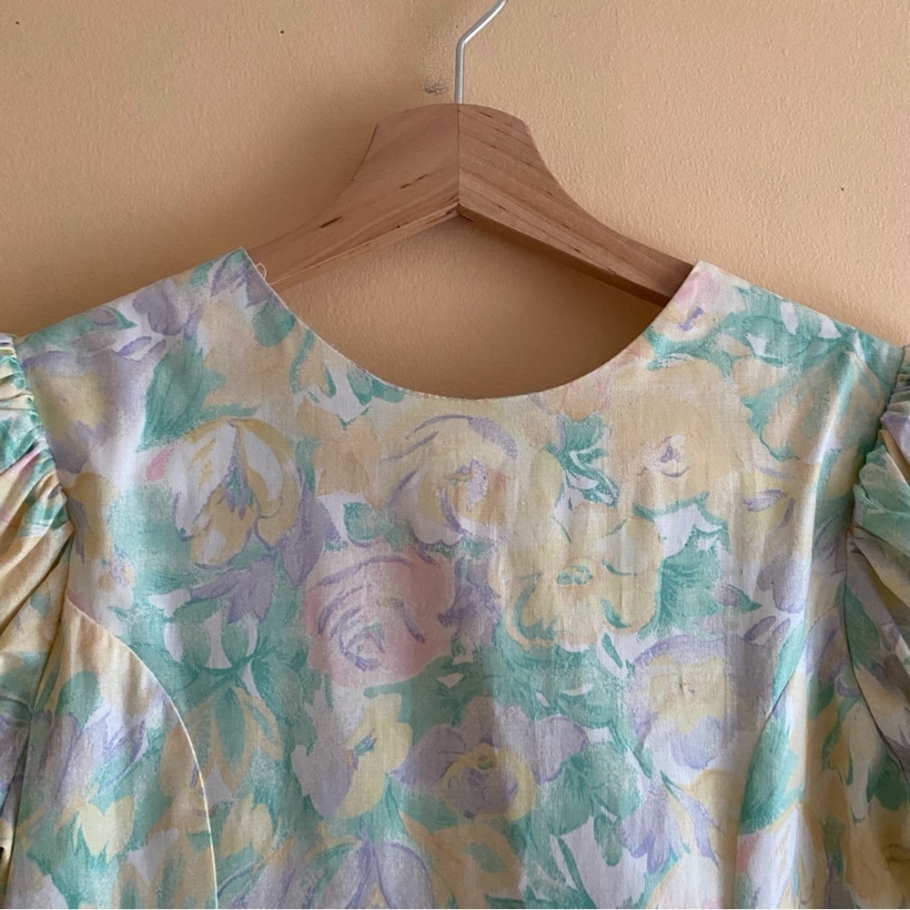 Vintage Manhattan Girl XL 80s Floral Drop Waist Back Bow Puff Short Sleeve Retro - Picture 5 of 17